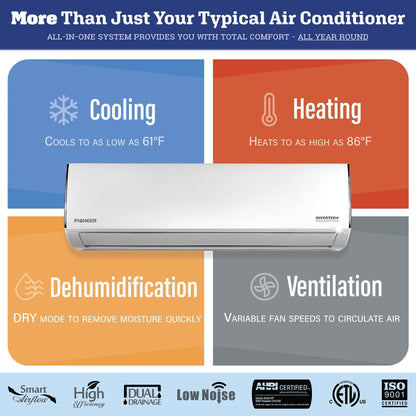 Pioneer Diamante Pro Series 24,000 BTU 19 SEER2 Ductless Mini-Split Air Conditioner Inverter+ Heat Pump Full Set 230V with 16 Ft. Kit - WYT024GLFI19RL