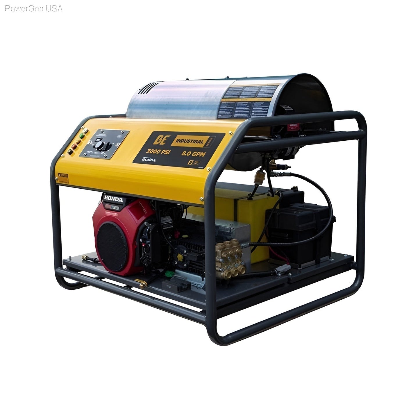BE Power Equipment Industrial Series 3000 Psi 8.0 GPM 690cc Honda GX693 Engine Gas Skid Mount Hot Water Pressure Washer - PowerGen USA - HW3024HG12V