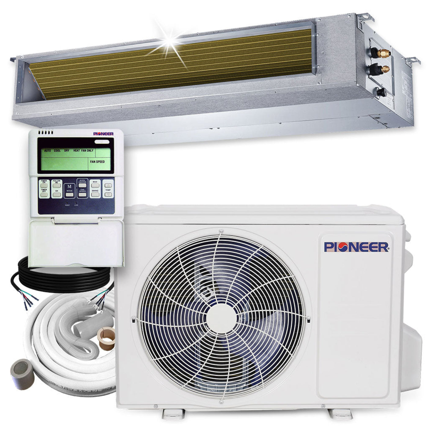 Pioneer 12,000 BTU 19 SEER2 Ceiling Concealed Ducted Mini-Split Inverter++ Energy-Star Air Conditioner Heat Pump System Full Set 230V - RYB012GMFILDAD-10